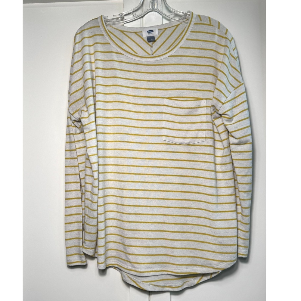 Old Navy Womens Yellow White Striped Long Sleeve Pocket Tee Relaxed Fit S 774750